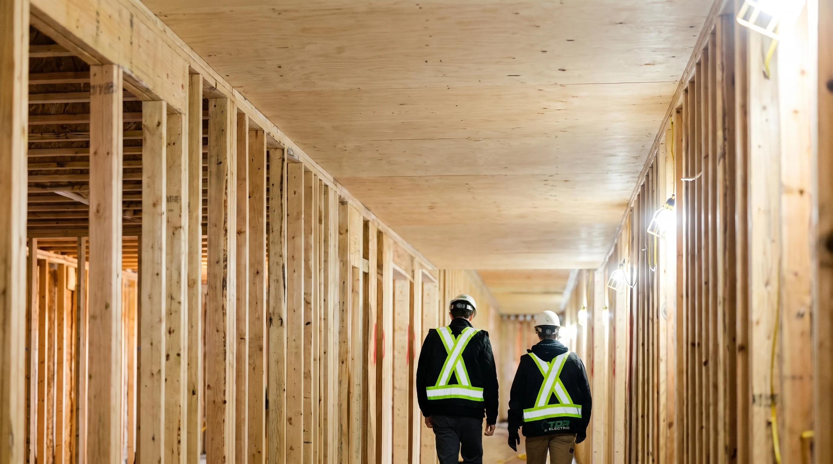 Two TDR Electric electricians walking down a framed corridor on site, TDR Electric printed on the back of a hi-vis vest